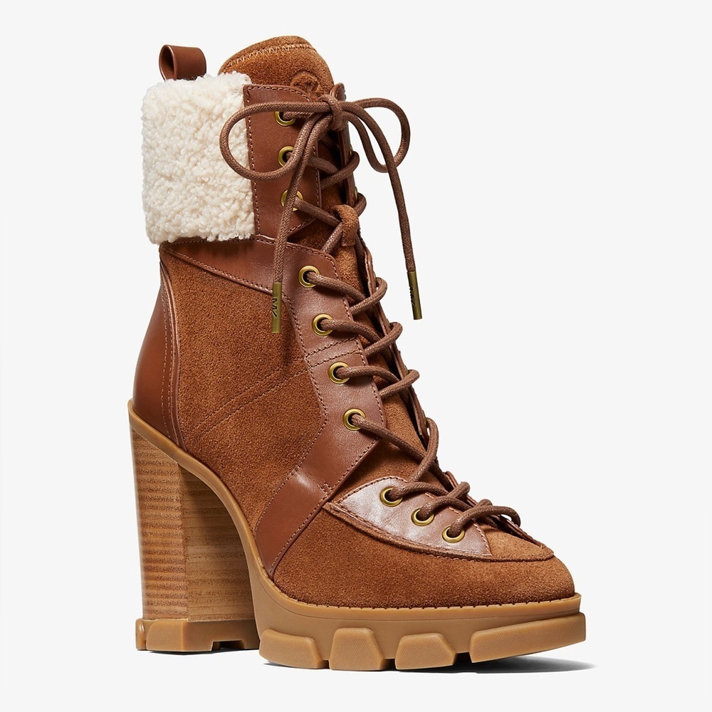 Michael Kors Ridley Leather And Sherpa Lace Up Boots Size 6.5 Women’s Brown
